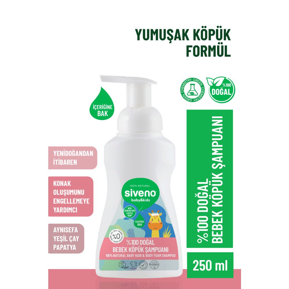 Siveno %100 Doğal Bebek Köpük Şampuanı Yenidoğan Saç ve Vücut İçin Nemlendirici Bitkisel Vegan 250 ml Bebek Şampuanı Fiyatı