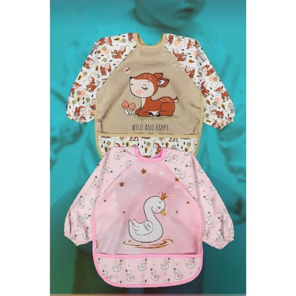 Sıvı Geçirmez Mama Önlüğü 6-24 Ay Uyumlu Uzun Kollu - 6 - 24 Ay - Kahverengi - Pembe Mama Önlüğü Fiyatı