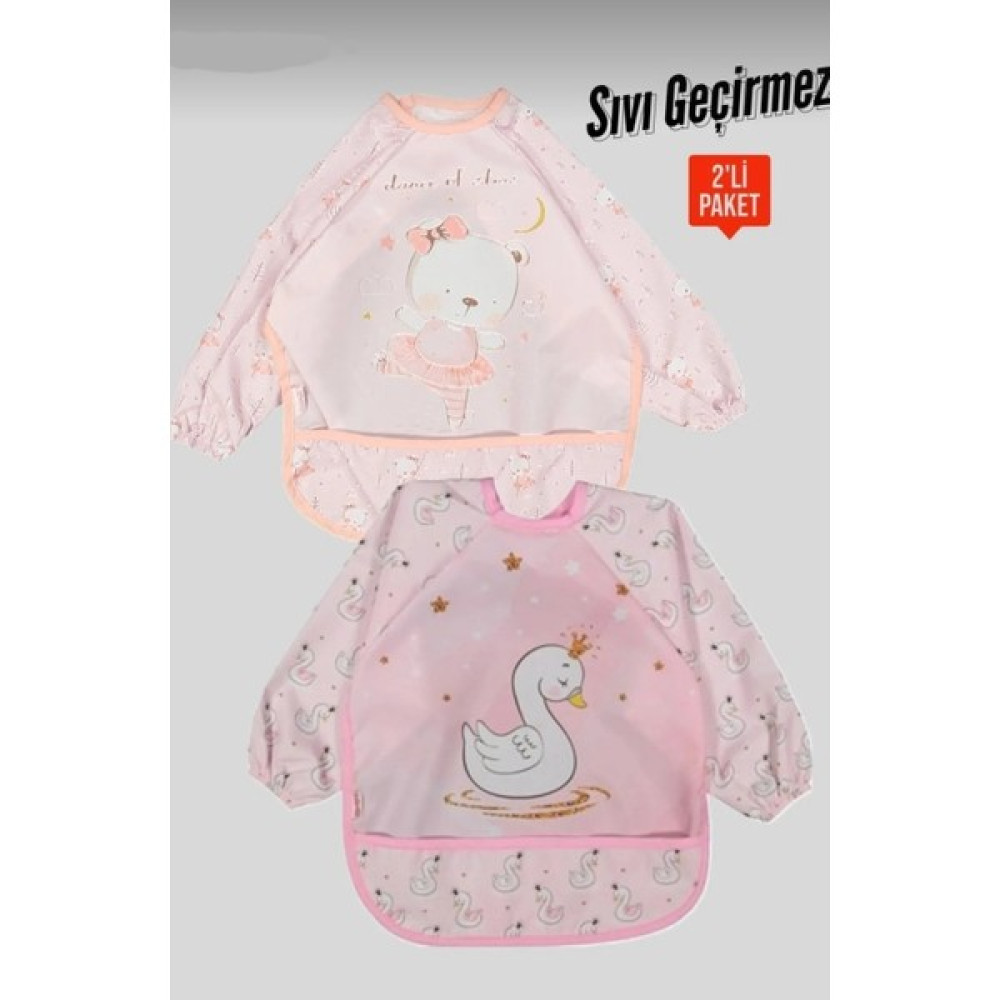 Sıvı Geçirmez Mama Önlüğü 6-24 Ay Uyumlu Uzun Kollu - 6 - 24 Ay - Pembe Mama Önlüğü Fiyatı