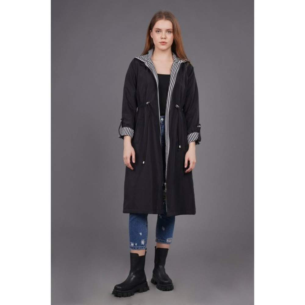 Siyah Bel Büzgülü Trenchcoat Kadın Trençkot Fiyatı