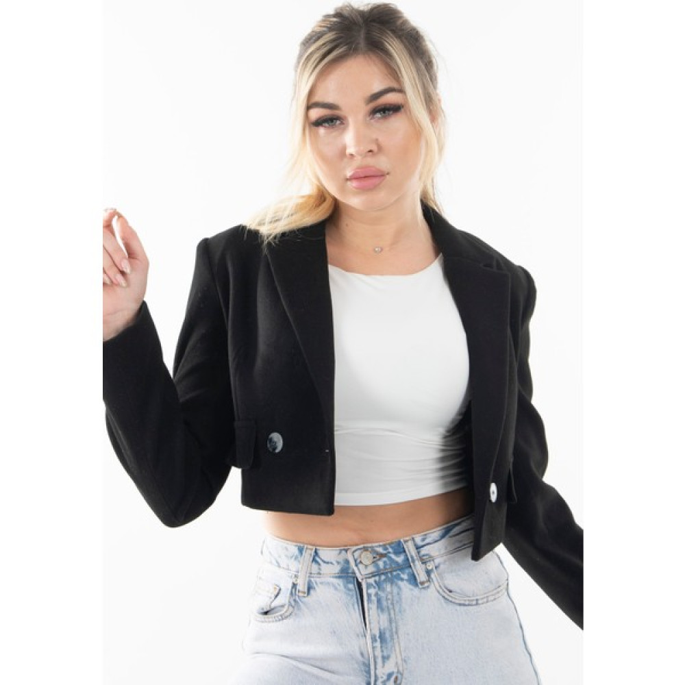 Siyah Kruvaze Yaka Kaşe Crop Astarlı Blazer Ceket 0105125.01 Bayan Ceket Fiyatı