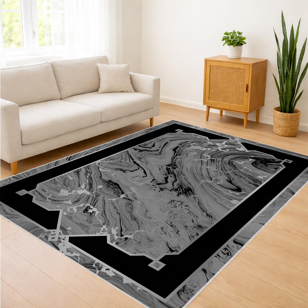 Siyah Mermer Efektli Modern Salon Halısı Toz Tutmayan Yüzey Kaymaz Tabanlı Çağdaş Dekorasyon - FNL-101 - 80 x 500 cm SSD / Solid State Drive Fiyatı