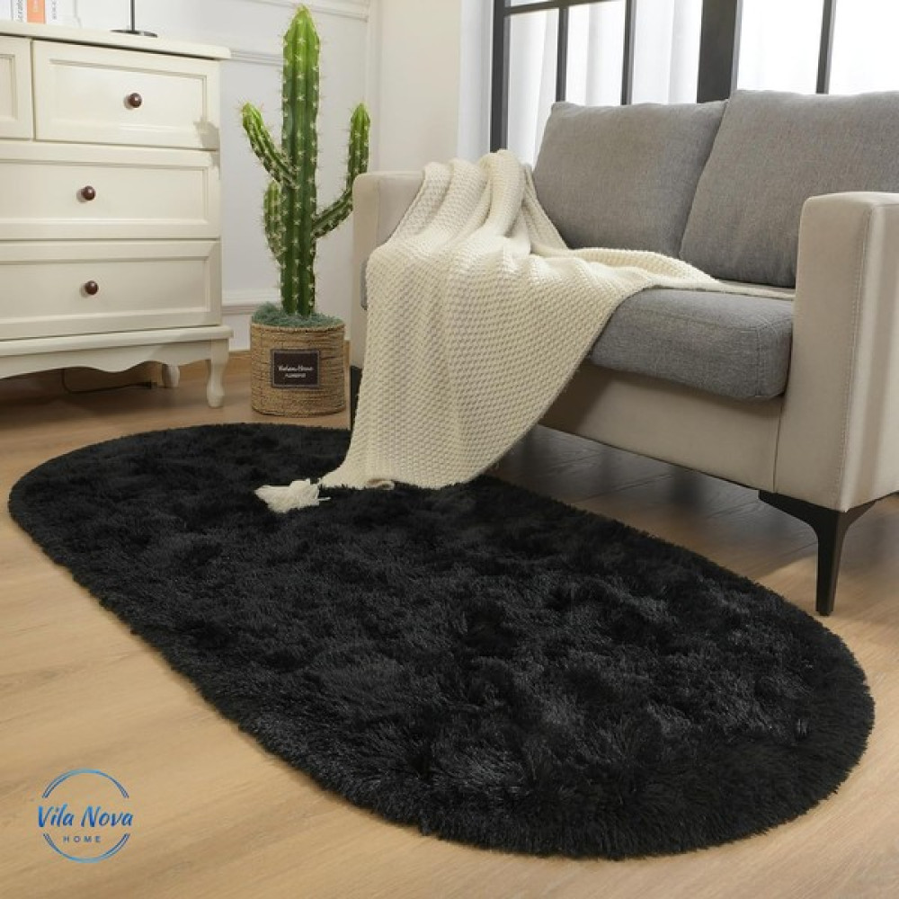 Siyah Oval Post Halı Peluş Yumuşak Kaymaz Dot Taban - 80 x 100 cm Salon Halısı Fiyatı