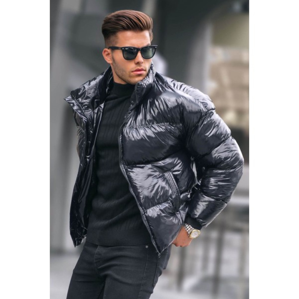 Siyah Parlak Basic Şişme Mont 5993 Erkek Mont Fiyatı