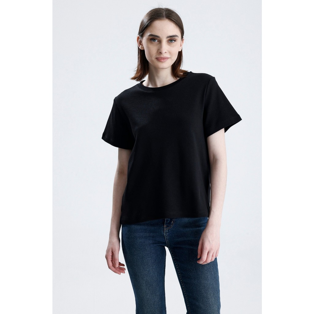 Siyah Regular Fit Basic Kadın T-Shirt %100 Pamuk Yırtmaçlı Kısa Kol Bisiklet Yaka Düz Renk Giyim & İç Giyim Fiyatı
