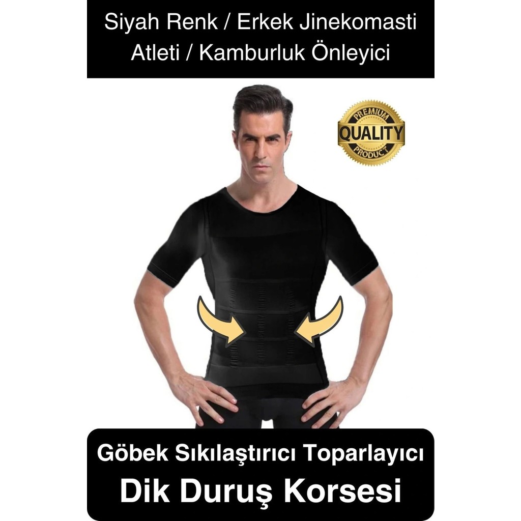 Siyah Renk Erkek Bel Göğüs Dik Duruş Korsesi Atlet Jinekomasti Göbek Toplayıcı Toparlayıcı Erkek Atlet / Fanila Fiyatı