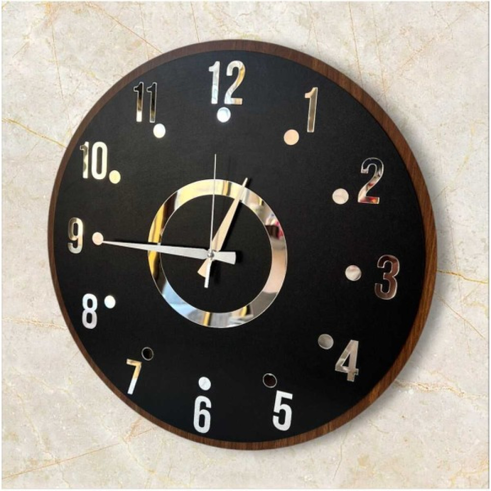 Siyah Renk Gold Gri Aynalı Sayılı Sessiz Hediyelik Ahşap Dekoratif Desenli Ev Ofis Duvar Saati 50CM Dekoratif Saat Fiyatı