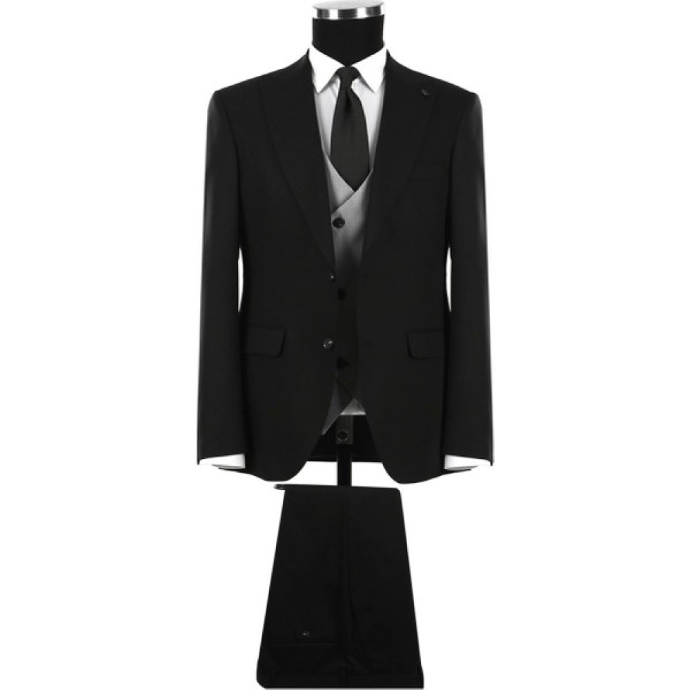 Siyah Slim Fit Sivri Yaka Yelekli Erkek Takım Elbise Erkek Takım Elbise Fiyatı
