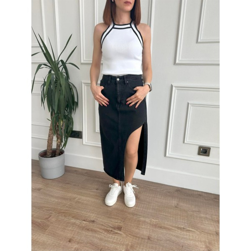 Siyah Yırtmaçlı Midi Boy Denim Etek Etek Fiyatı