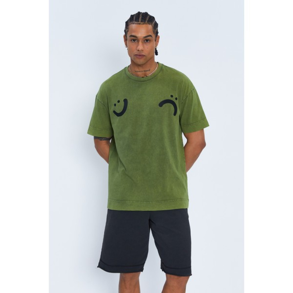 Sizefash Baskılı Bisiklet Yaka Oversize Haki T-Shirt Erkek T-shirt Fiyatı