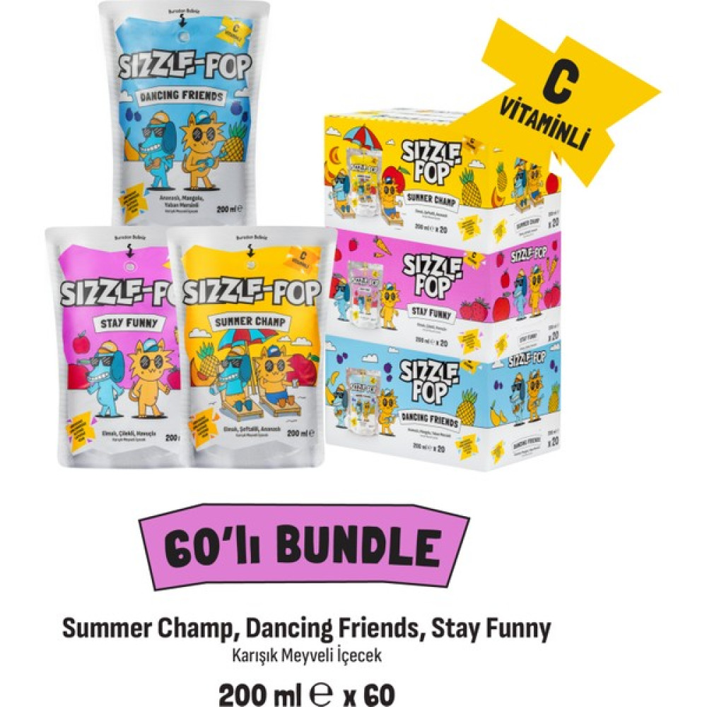 Sizzle-Pop Efsane 3’lü Koli Summer Champ, Dancing Friends, Stay Funny x 3 Tat, 60 Adet - 200 ml Diğer Fiyatı