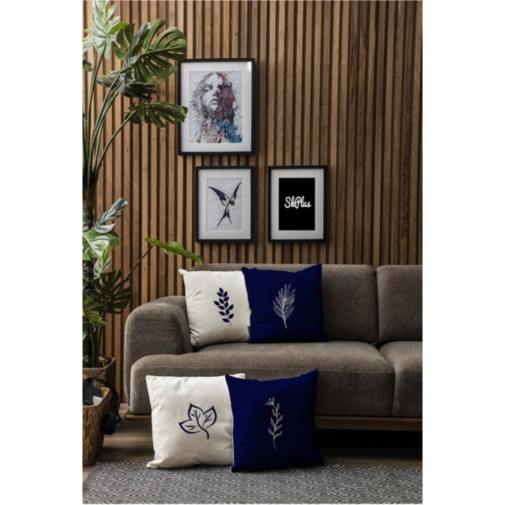 Sk Home Çift Tarafı Baskılı Özel Tasarım Premium Dekoratif 4lü Kırlent KILIFI(KOM321) - 43 x 43 cm - Krem - Lacivert Kırlent / Mobilya Yastığı Fiyatı