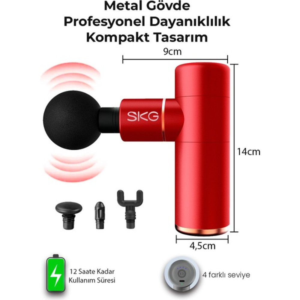 Skg F3 Masaj Tabancası, Red, 4 Darbe Yoğunluğu, 4 Farklı Bölgeye Uyumlu Masaj Başlığı - Kırmızı Masaj Cihazları Fiyatı
