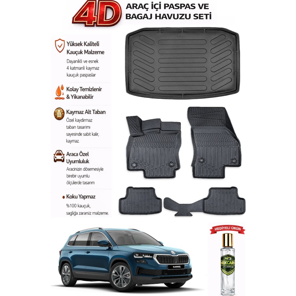 Skoda Karoq 2025 Model Araca Özel Kokusuz Paspas Takımı + Bagaj Havuzu - Siyah Araca Özel Paspaslar Fiyatı