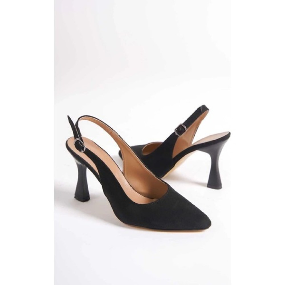 SkopjeShoes Skopje Shoes Siyah Süet Sivri 8 cm Arka Açık Klasik Topuklu Ayakkabı Topuklu Ayakkabı Fiyatı