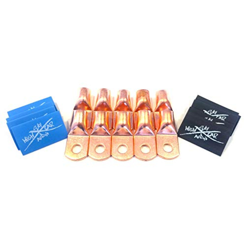 Sky High Car Audio (10) 1/0 Gauge Copper Ring Terminals 3/8" Blue/Black Heat Shrink Tubing LUGS