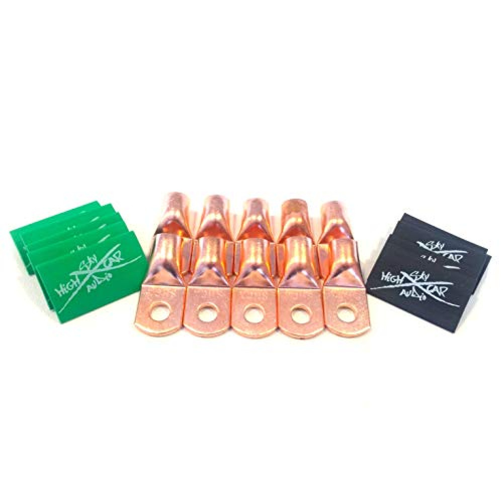 Sky High Car Audio (10) 1/0 Gauge Copper Ring Terminals 3/8" Green/Black Heat Shrink Tubing LUGS