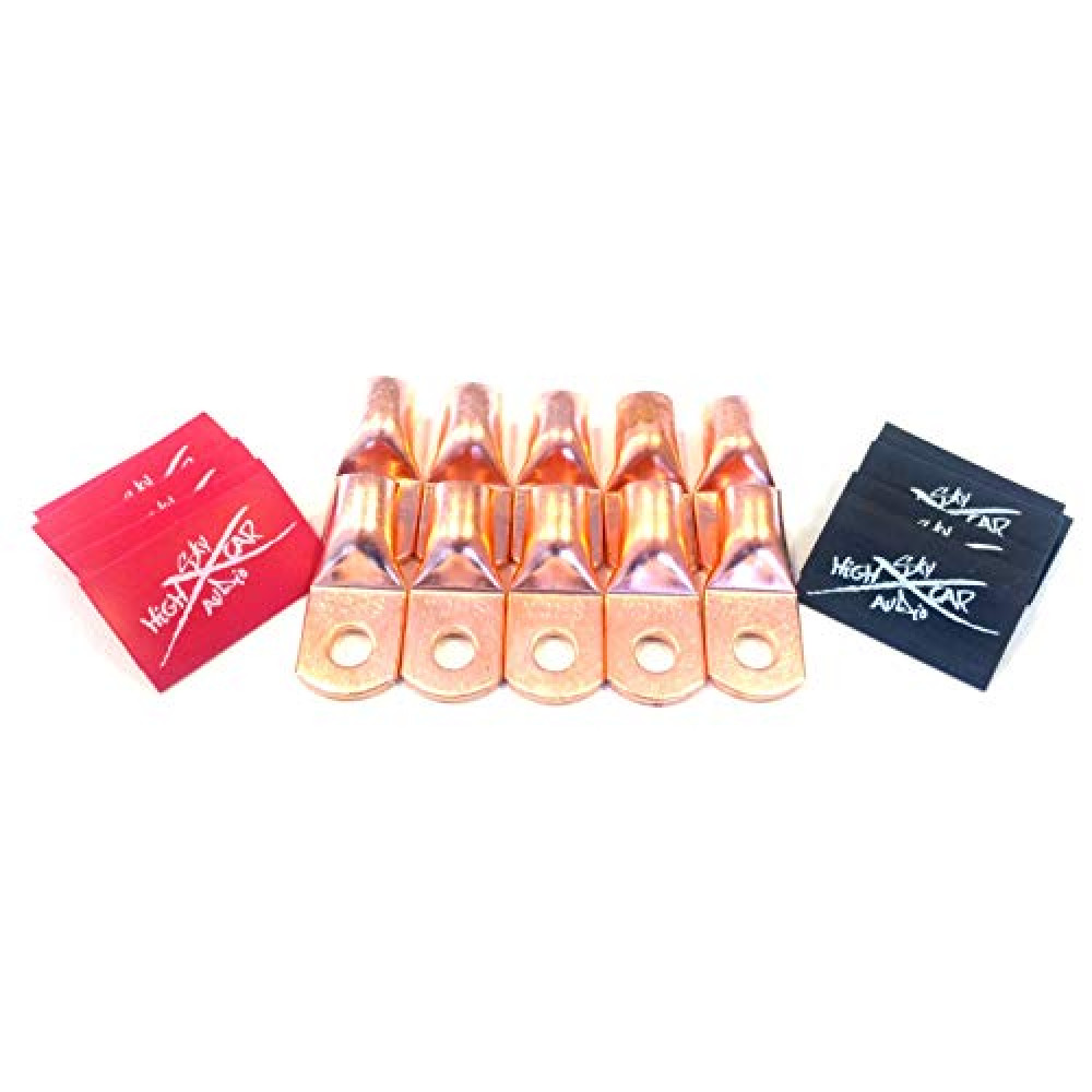 Sky High Car Audio (10) 1/0 Gauge Copper Ring Terminals 3/8" RED/Black Heat Shrink Tubing LUGS