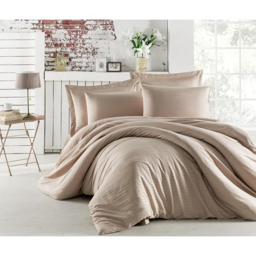 Skyrose 1 cm Çizgili Saten Nevresim Takımı Çift Kişilik Skyrosevipcollection - 220 x 240 cm - Cappuccino Nevresim Takımı Fiyatı