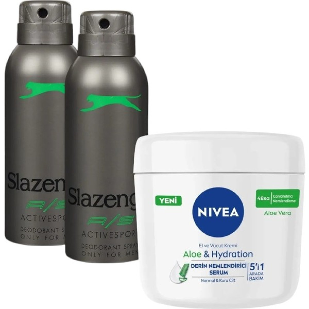 Slazenger Activesport Yeşil Deodorant Spray (150 Ml) 2 Adet + Nıvea El ve Vücut Kremi Aloe Vera 400ML - 150 ml Deodorantlar Fiyatı