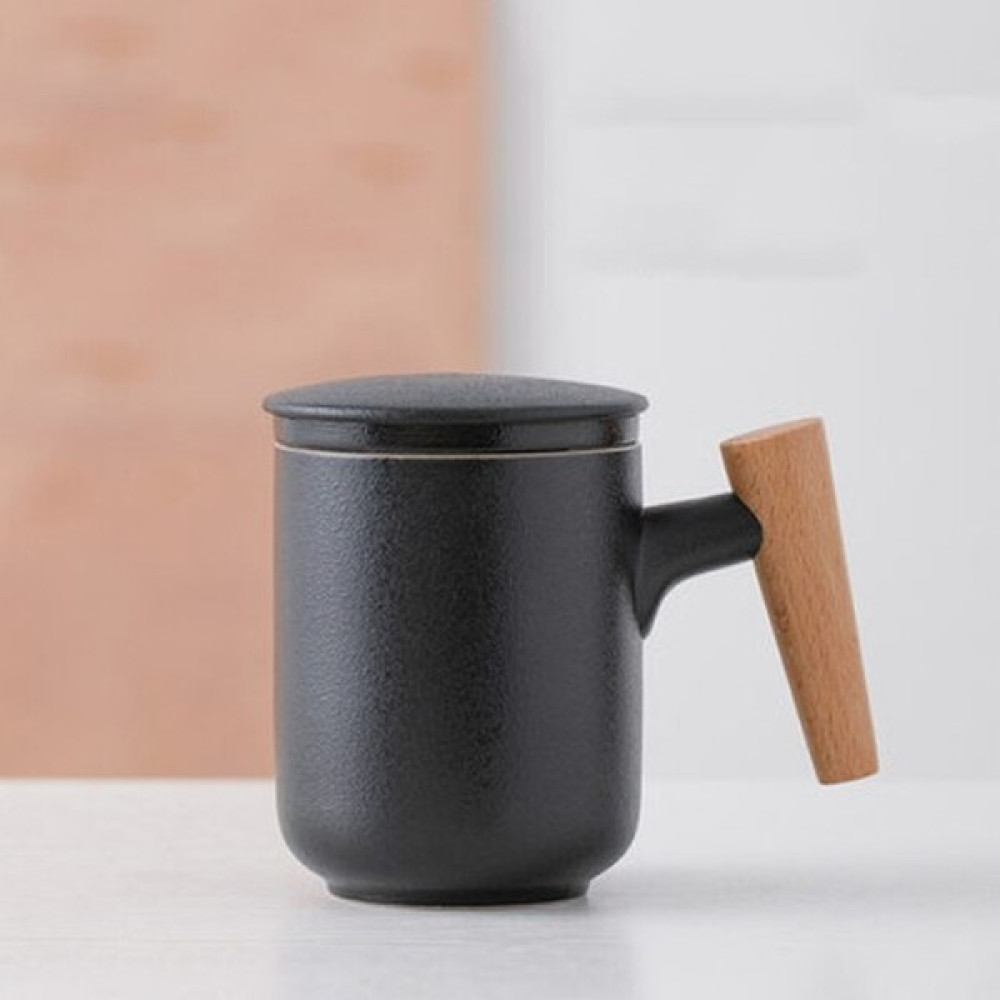 SLD Seramik Ofis Kupası ile Çay Yapımı ile Kapaklı Filtre Çay Kupası ile Ahşap Saplı Çay Ev Işareti Çay Bardağı (Yurt Dışından) - Siyah Fincan / Bardak / Kahve Takımı Fiyatı