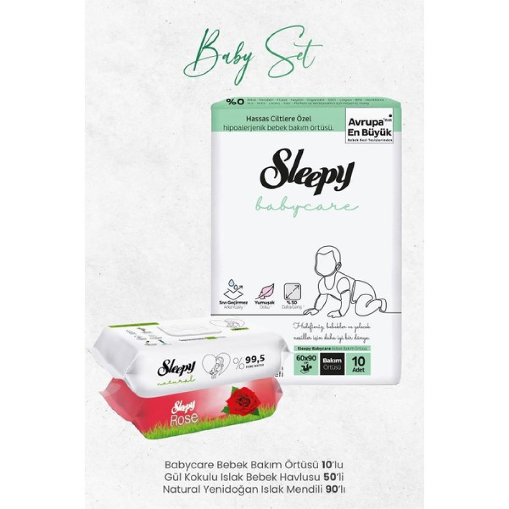 Sleepy Babycare Bebek Bakım Örtüsü 10'lu, Gül Kokulu 50 Yaprak ve Natural Yenidoğan 90'lı Islak Mendili Bebek Alt Açma Minderi Fiyatı