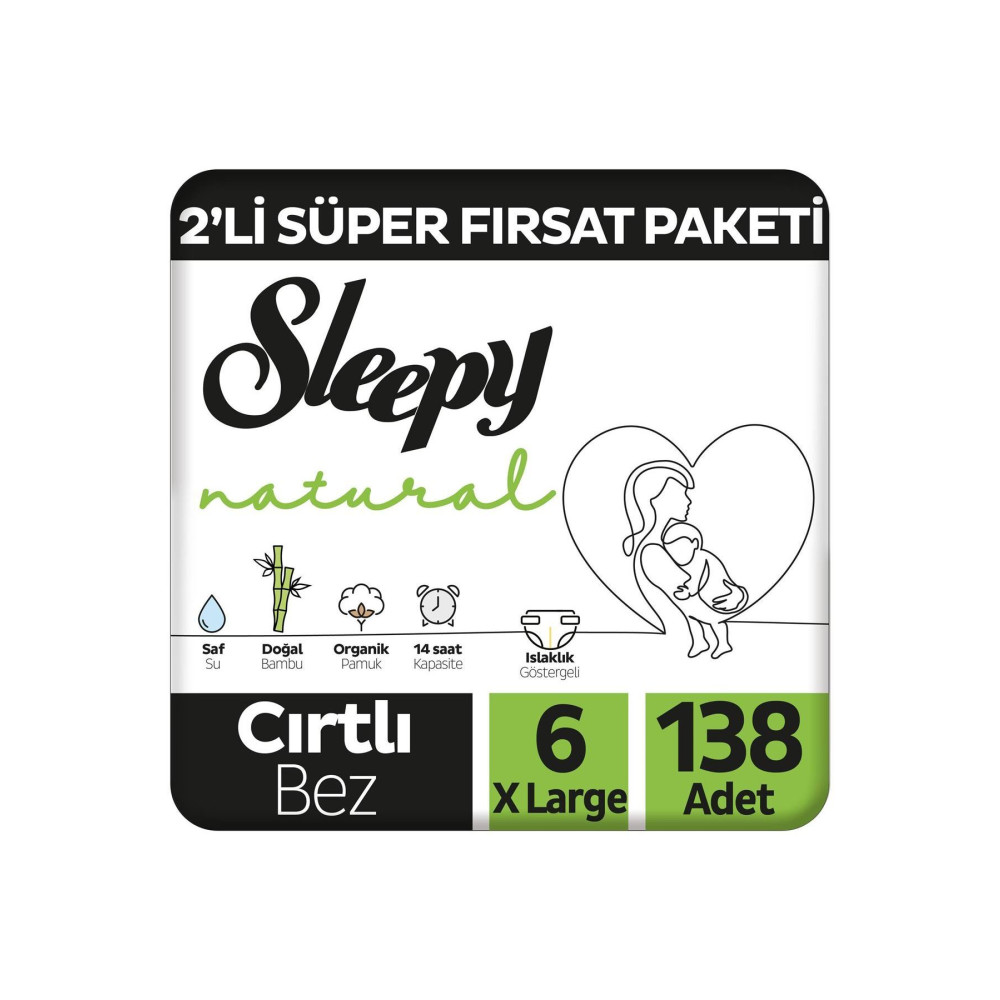 Sleepy Natural 2Li Süper Fırsat Paketi Bebek Bezi 6 Numara Xlarge 138 Adet Bebek Bezi Fiyatı