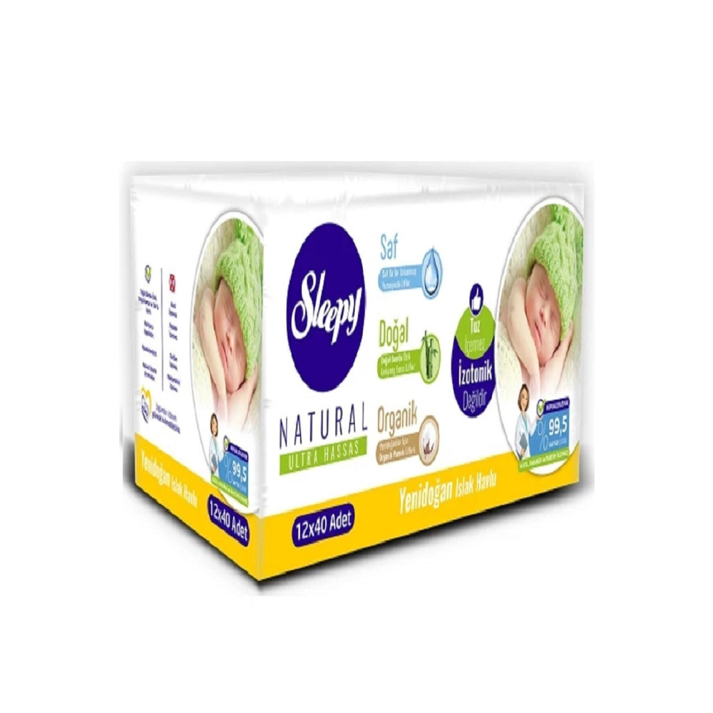 Sleepy Yenidoğan Natural Islak Havlu Pamuklu Mendil Kapaklı 40 Lı 12 Paket 480 Yaprak Bebek Mendil-Islak Mendil Fiyatı