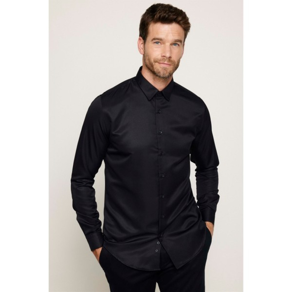 Slim Fit Kolay Ütü Teri Emen Nefes Alan Doku Kravatlık Dört Mevsim Siyah Erkek Gömlek Erkek Gömlek Fiyatı