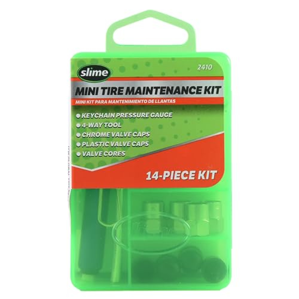 Slime 2410 Mini Tire Maintenance Kit, Tire Care Essentials, Compact, 14-Piece Set, 3.5" L x 2.5" W x 0.875" D