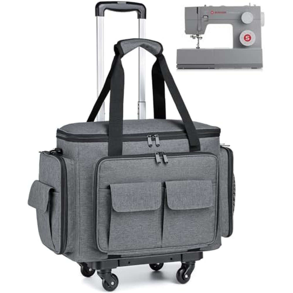 SLINRKE Sewing Machine Case with Wheels - Rolling Sewing Machine Tote with Removable Bottom Pad & Multiple Storage Pockets, Compatible with Singer & Brother (Grey)