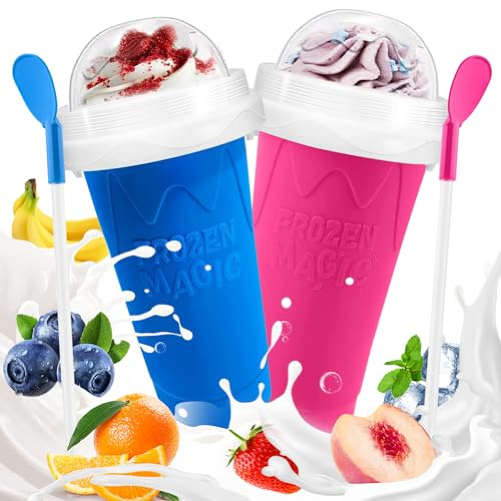 Slushie Cup, 2 Pack Slushy Maker Cup, Frozen Magic Squeeze Cups for Juice Milk Yogurt Ice Cream Make, DIY Smoothie Cooling Cup with Lid & Straw for Kids Friends Family (Blue+Pink) Ice Cream Maker Fiyatı