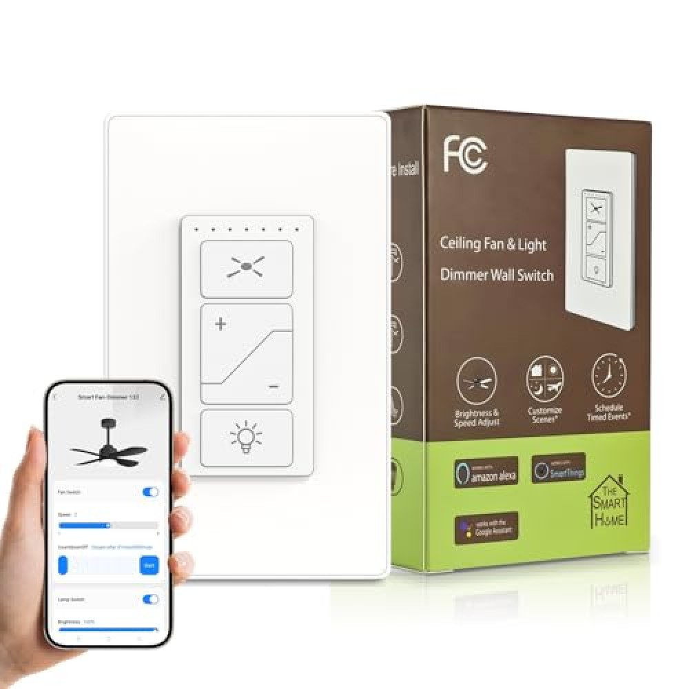 Smart Fan Light Switch, 2-in-1 Smart Ceiling Fan Control and Dimmer Light Switch Compatible with Alexa, Google Assistant and Smartlife, Single Pole, Neutral Wire Needed, 2.4GHz Wi-Fi
