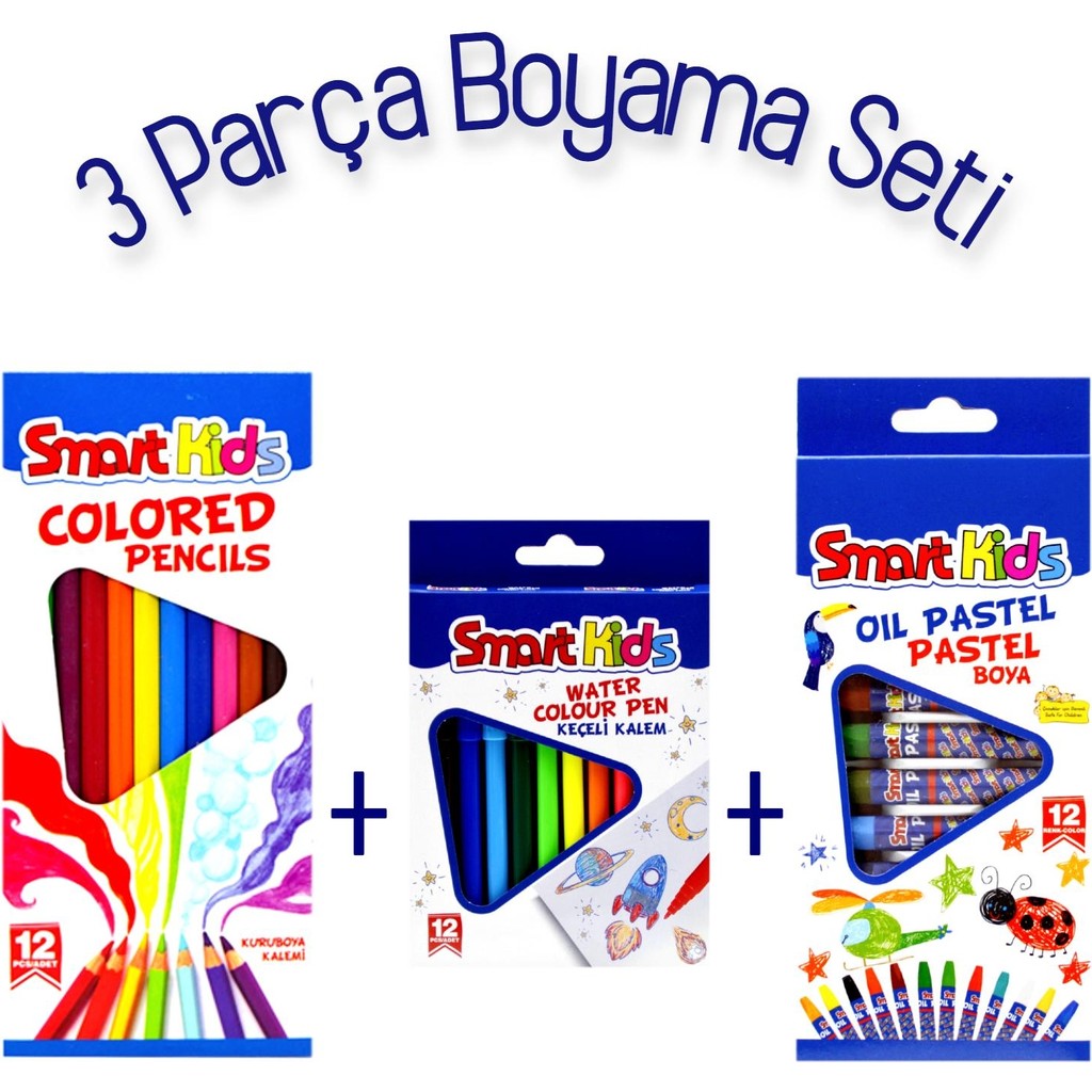 Smart Kids 3'lü Boyama Seti 12'Li Pastel Boya, Kuru Boya Kalemi ve Keçeli Boya Kalemi Çocuklar İçin Kalem & Yazı Gereçleri Fiyatı