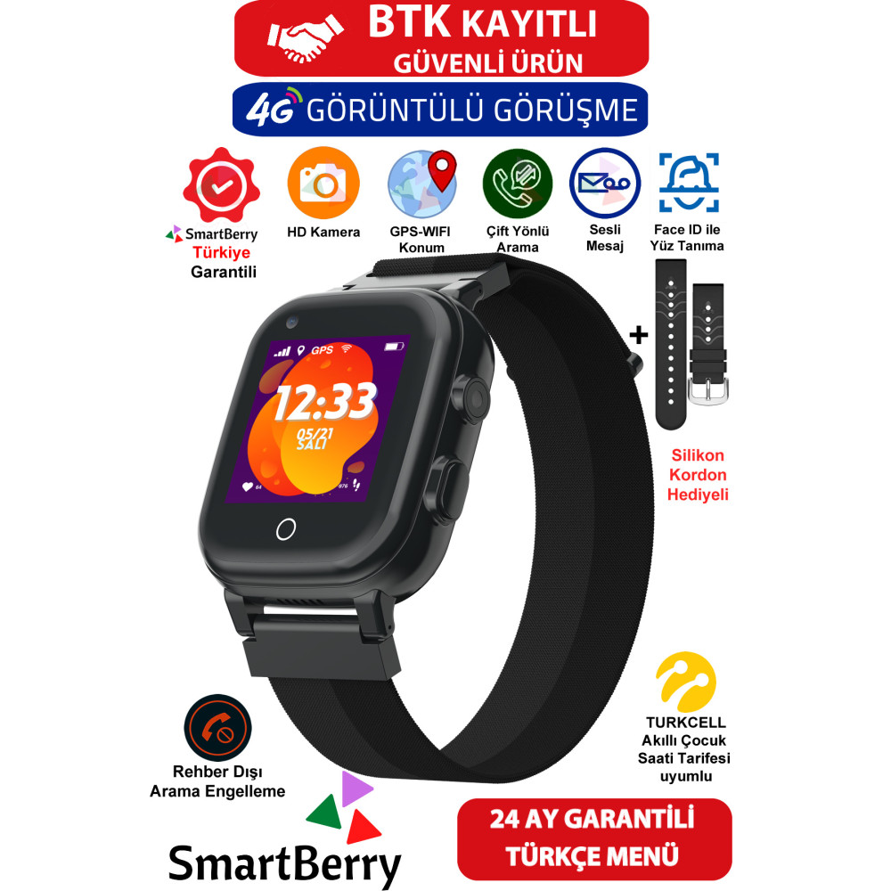 Smartberry Görüntülü Görüşme Yüz Tanıma Gps Wıfı Konum Akıllı Çocuk Takip Saati Sim Kartlı - Siyah Akıllı Çocuk Saati Fiyatı