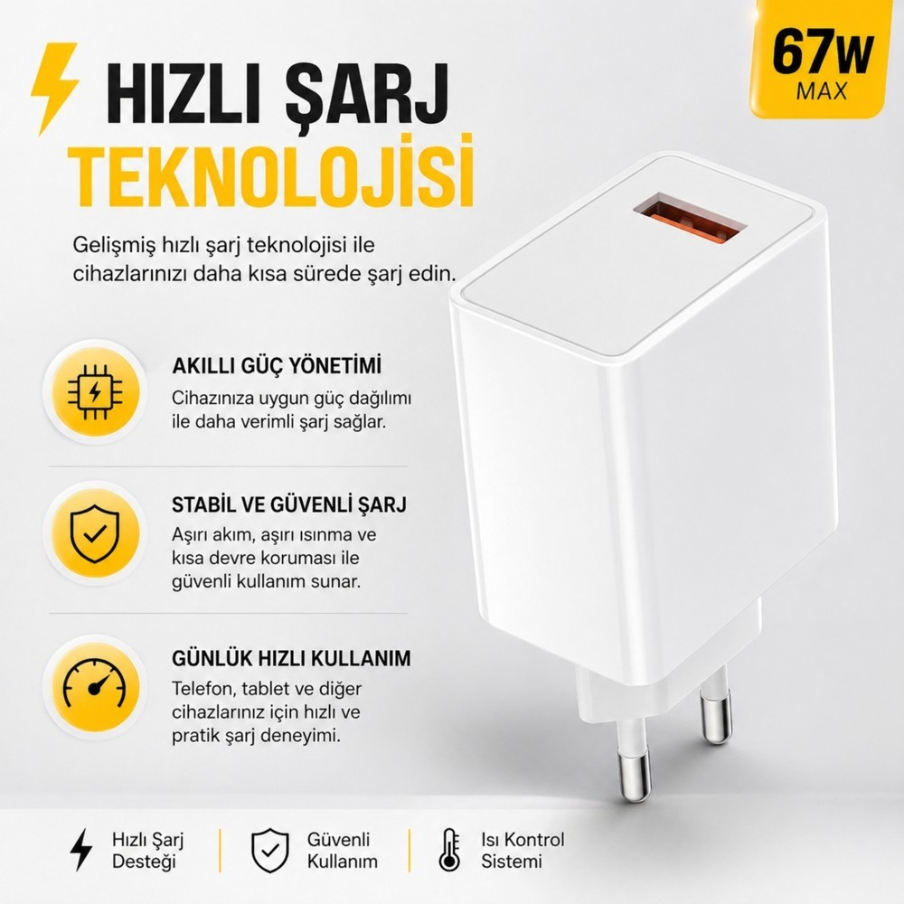 Smayling 67W Hızlı Şarj Adaptörü USB Çıkışlı Kablo Dahil Type-C Uyumlu Hızlı Şarj Cihazı Güvenli Şarj Başlığı - Beyaz Cep Telefonu Şarj Cihazı Fiyatı