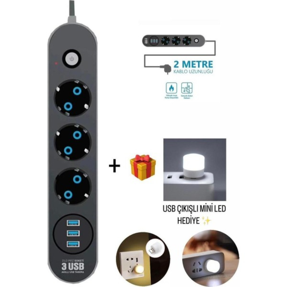 Smayling Akım Korumalı 3’lü Grup Priz Uzatma Kablosu 3 x USB 3 x Anahtar 2 Metre Kablo Prizler Fiyatı