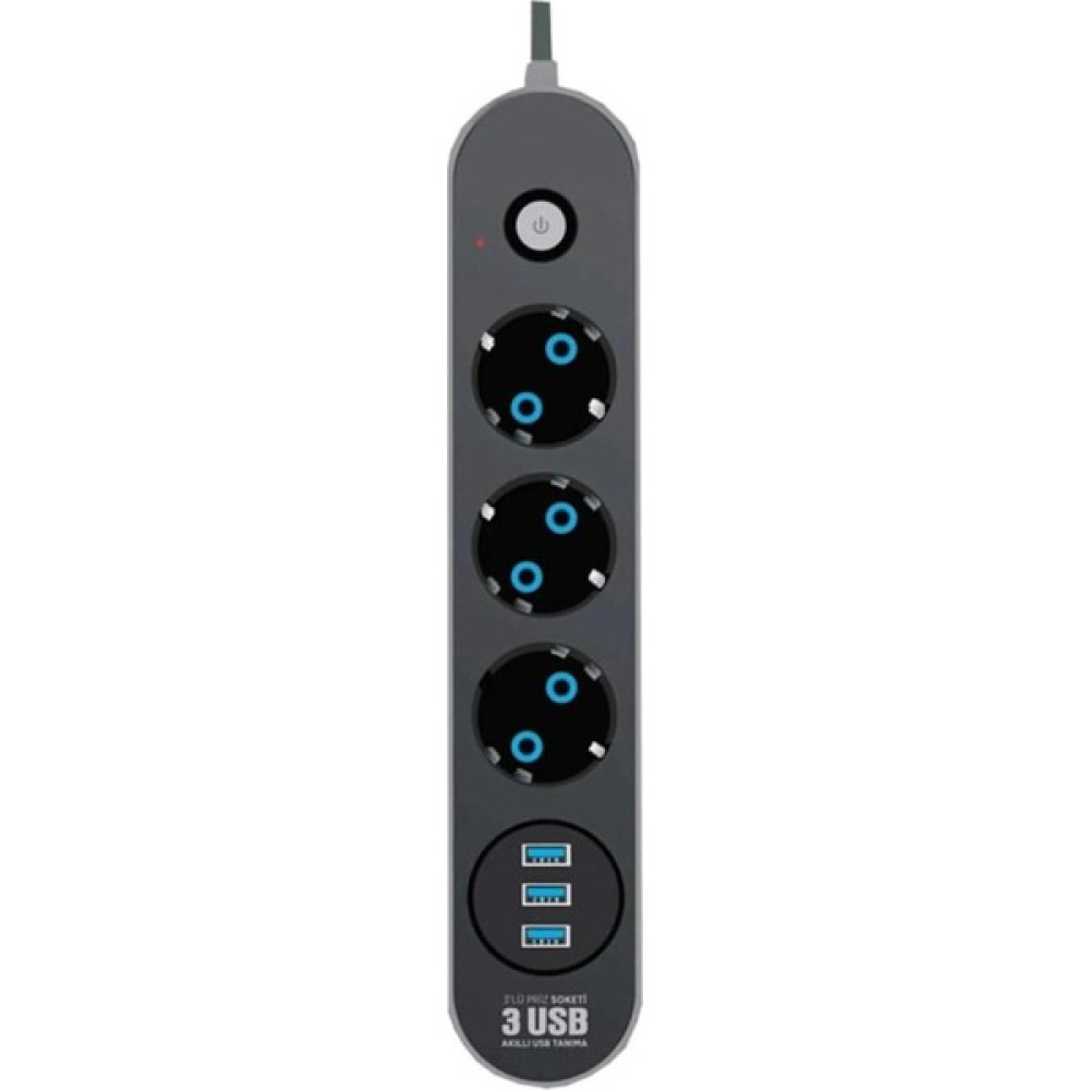 Smayling Akım Korumalı 3'lü Grup Priz Uzatma Kablosu 3 x USB 3 x Anahtar 2 Metre Kablo Prizler Fiyatı