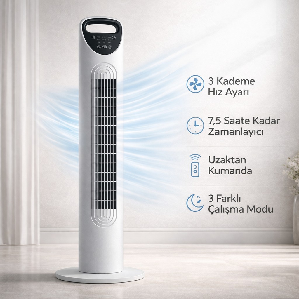 Smayling Kule Tipi Vantilatör | 3 Kademe Hız, 7.5 Saat Zamanlayıcı, Uzaktan Kumandalı, Sessiz Çalışma, Salınımlı Fan, 45W - Beyaz Diğer Fiyatı