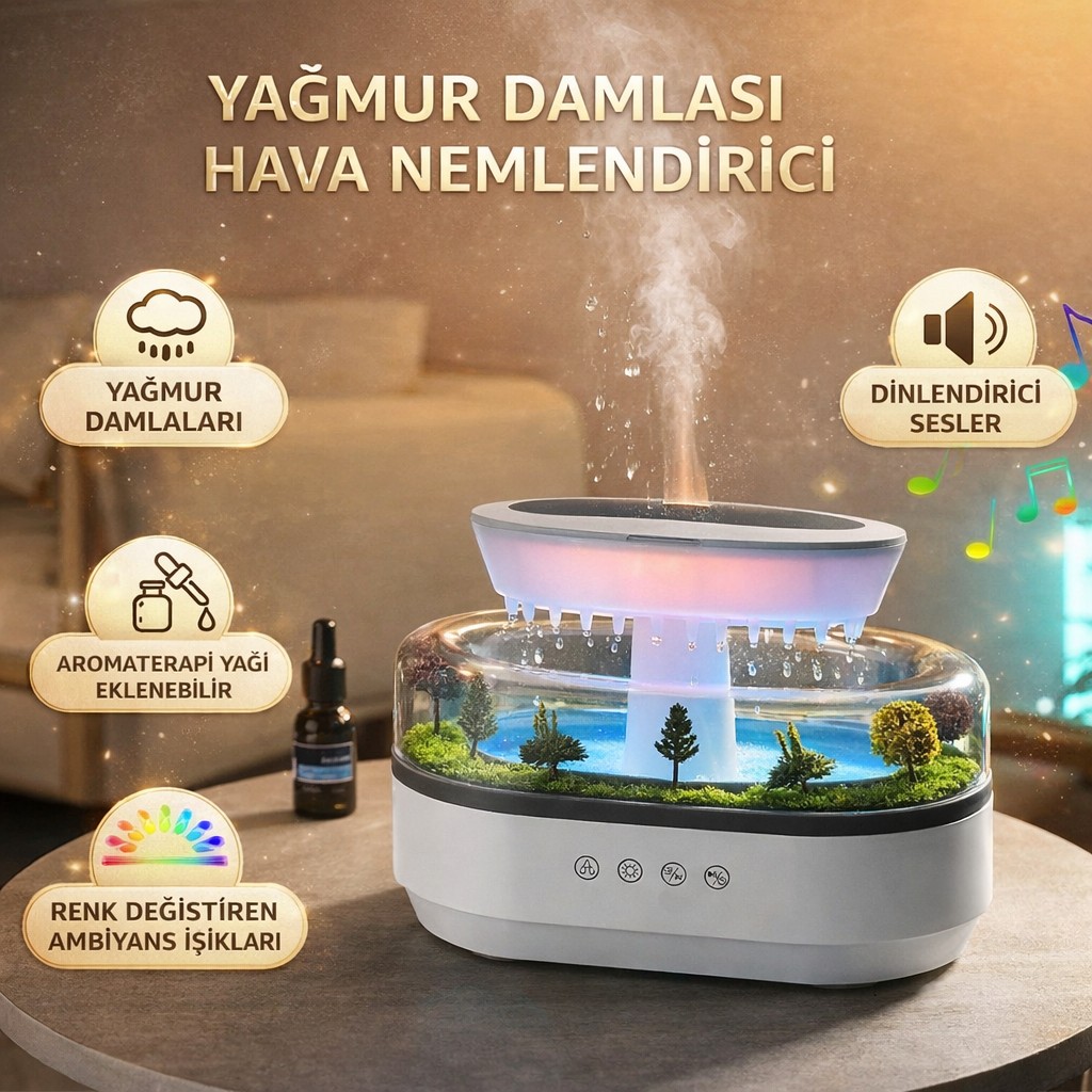 Smayling Yağmur Damlası Efektli Aroma Terapi Hava Nemlendirici – LED Ambiyans Işıklı, Rahatlatıcı Doğa Sesli, Sessiz Çalışma - Beyaz Diğer Fiyatı