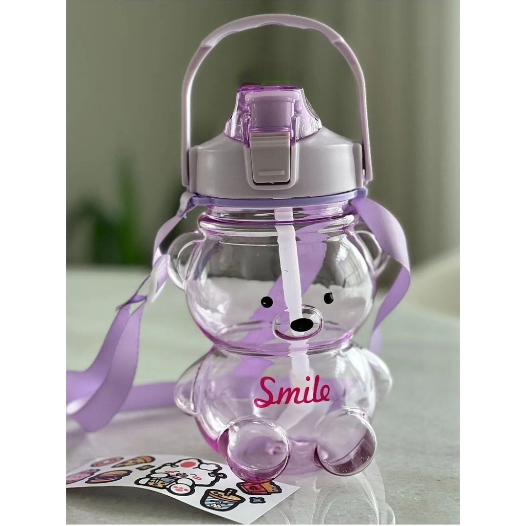 Smile Ayıcıklı Renkli 1000 ml Matara Su Şişesi Suluk Tritan Bpa Içermez Sticker Hediyeli Biri Büyük Biri Küçük (2ADET) - 1000ml - Çok Renkli Diğer Fiyatı