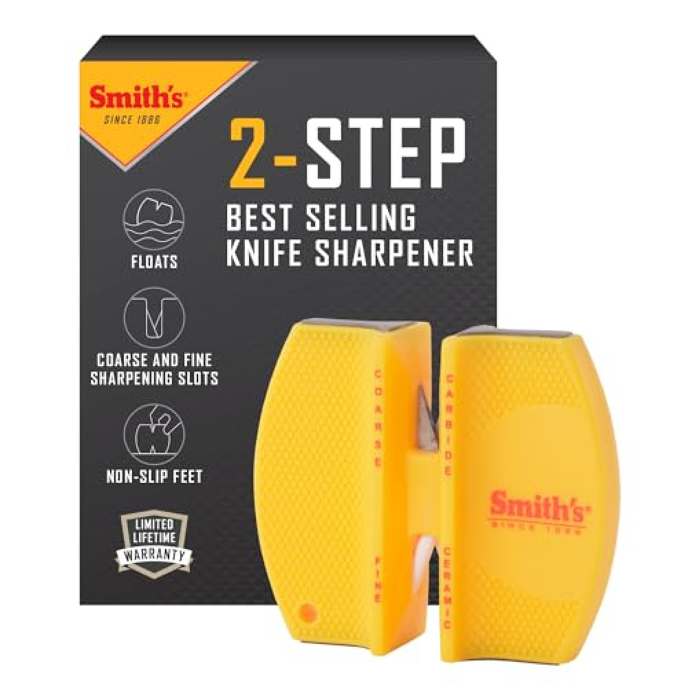 Smith's CCKS 2-Step Knife Sharpener - Yellow - 2-Step Preset Coarse & Fine Slots - Outdoor Handheld Knife Sharpener - Fishing, Hunting, Fillet, Pocket Knives - Compact Plastic Portable Keychain Tool