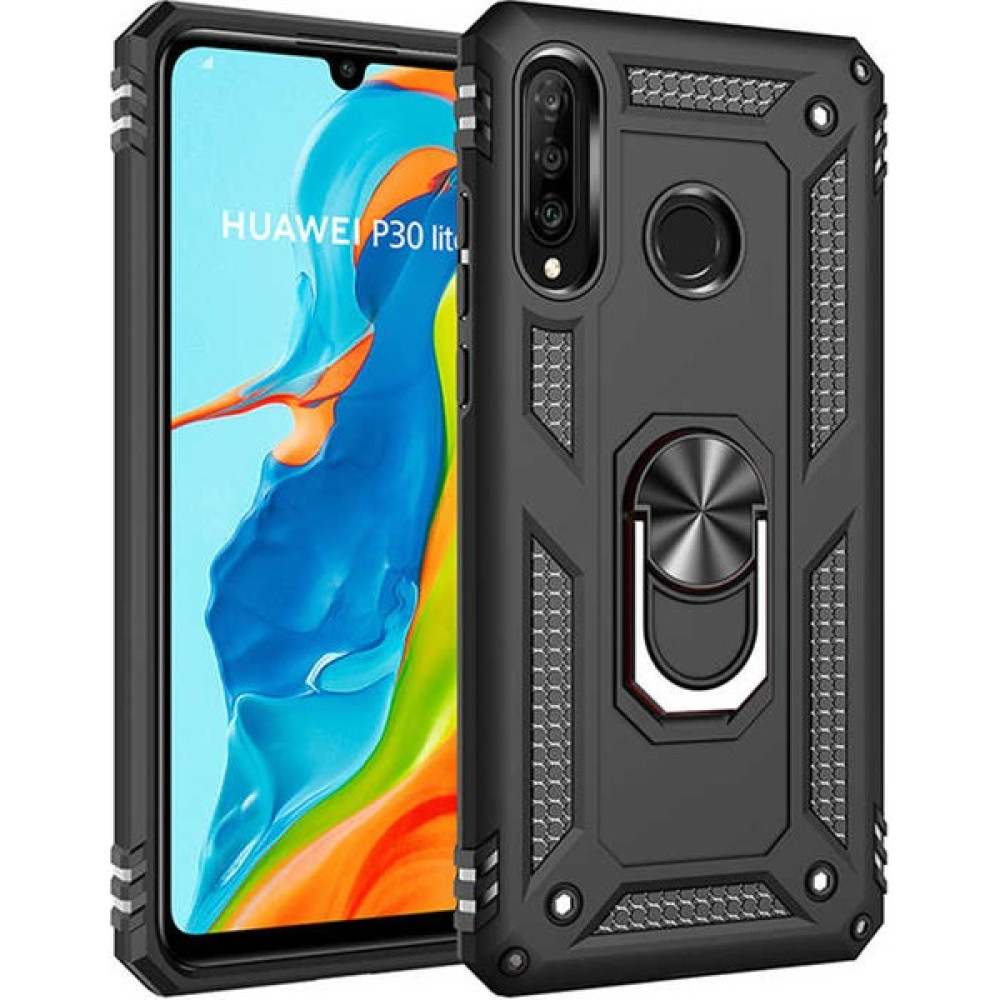 Smody Huawei P30 Lite Kılıf Yüzüklü Standlı Tank Silikon + Kırılmayan Nano Cam - Siyah Cep Telefonu Kılıfı Fiyatı