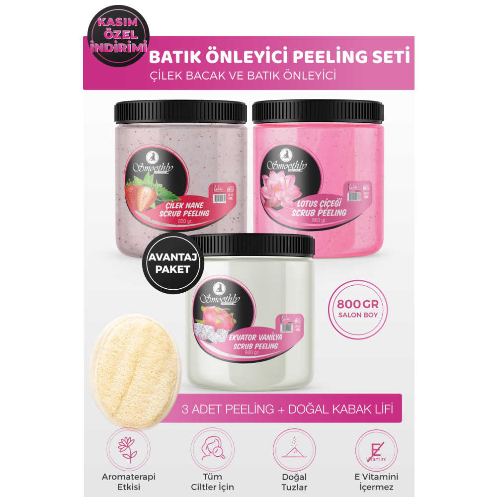 Smoothly Peeling Avantaj Seti 800gr X 3 Adet Batık Için Peeling Uygulama Için Doğal Kabak Lifi. Vücut Bakımı Fiyatı