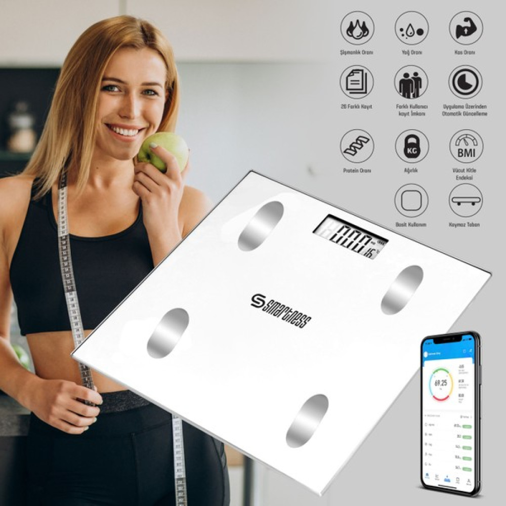 Sn-1072 Smartness Yağ Ölçer Fonksiyonlu Akıllı Bluetooth Tartı Baskül Vücut Analizli - Beyaz Baskül & Tartılar Fiyatı