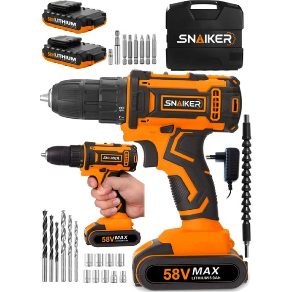 Snaiker Alman 58 V 5 Ah Gtx-1 Darbeli Çift Metal Şanzuman Bakır Sargili Şarjlı Çift Akülü Vidalama Matkap Turuncu Elektrikli El Aletleri Fiyatı