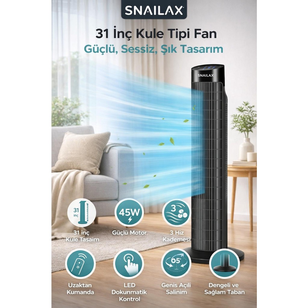 Snailax Uzaktan Kumandalı Dijital Ekranlı Ultra Güçlü 45W Serinletici Fan Kule Tipi Vantilatör - Siyah Diğer Fiyatı