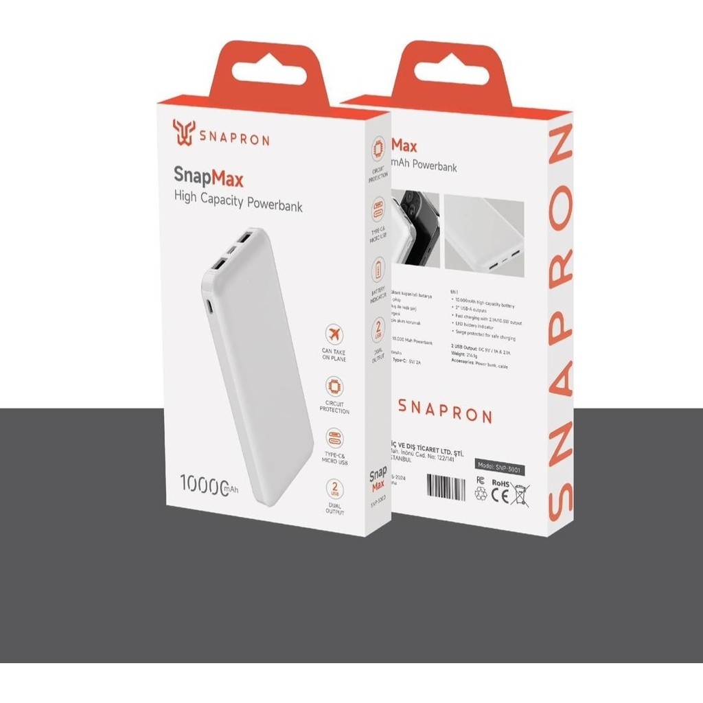 Snapron Snp 3000 Beyaz Powerbank 10.000 mAh Hızlı Şarj Özellikli 2 USB Çıkışı ile Güçlü Performans Taşınabilir Şarj Cihazı - Powerbank Fiyatı