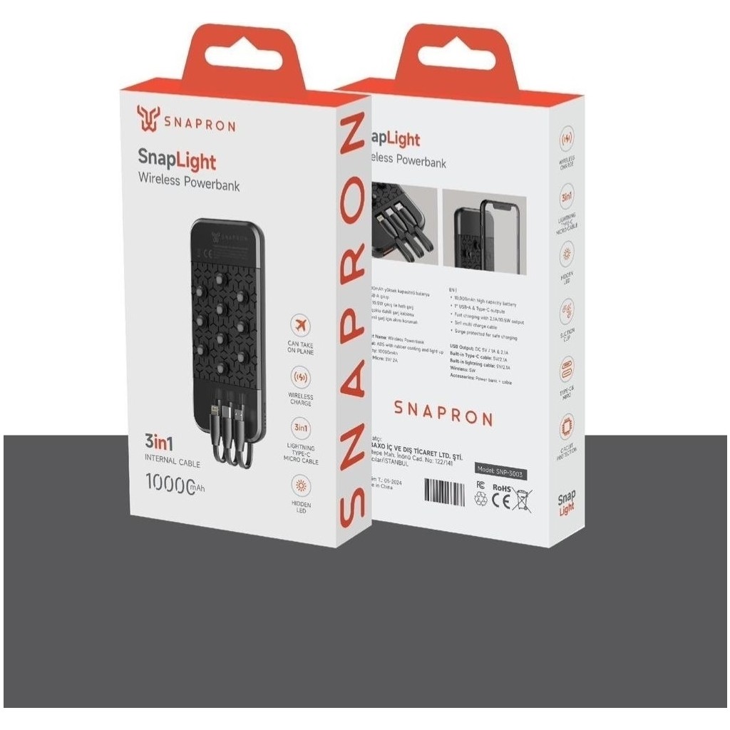 Snapron Snp 3003 Siyah Kablosuz Vantuzlu 3 Lü Kablo Çıkışlı Powerbank 10.000 mAh. USB Kablo Dahil - Mat Siyah Taşınabilir Şarj Cihazı - Powerbank Fiyatı