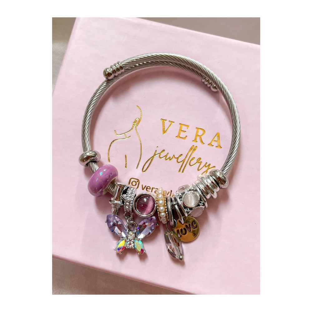 Snartun Vera Jewellery Çelik Mor Kristal Kelebek Charmlı Bileklik Standart Beden Çelik Bilezik Fiyatı